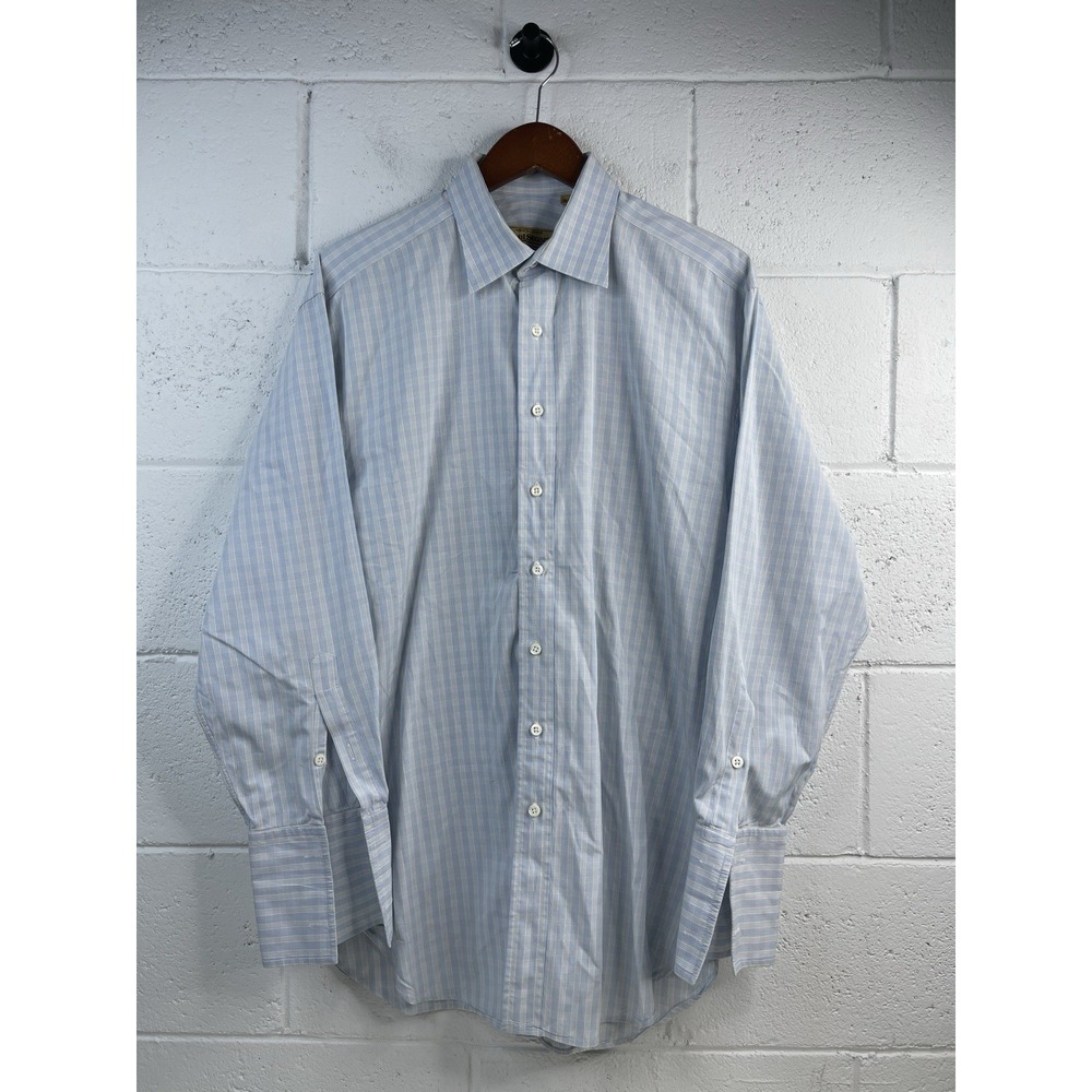 Paul Stuart Mens Blue White Plaid Button Shirt Cotton 16-33‎ Made In Canada EUC